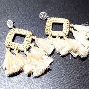 Boho Inspired Fringed Raffia Drop Pierced Earrings